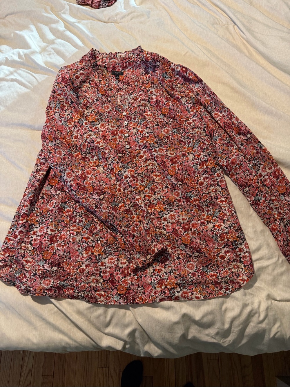 Talbots Pink Floral Ruffle-Neck Button Front Blouse